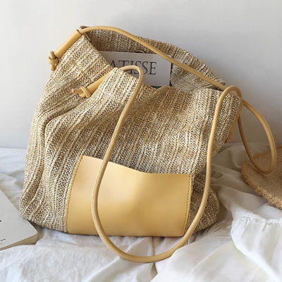 Tote Casual Personalizado Feminino com Duas Alças/Fasasas Summer Sea Beach Trim Raffia Bag