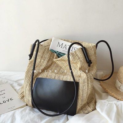 Tote Casual Personalizado Feminino com Duas Alças/Fasasas Summer Sea Beach Trim Raffia Bag