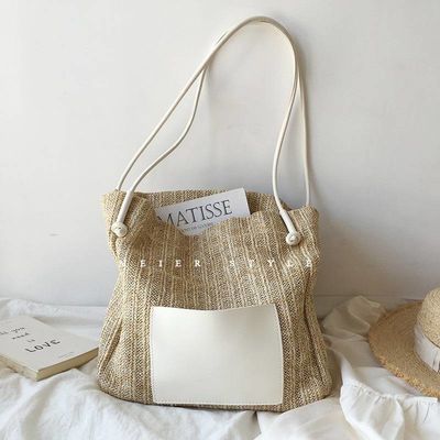 Tote Casual Personalizado Feminino com Duas Alças/Fasasas Summer Sea Beach Trim Raffia Bag