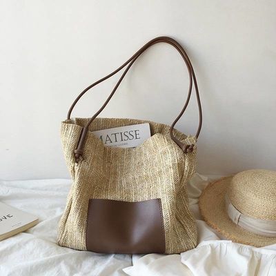 Tote Casual Personalizado Feminino com Duas Alças/Fasasas Summer Sea Beach Trim Raffia Bag