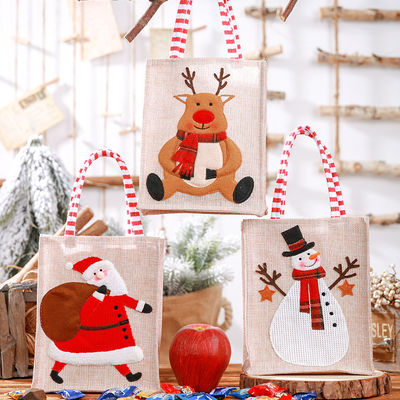 Papai Noel Homem de Neve Alce Presente de Natal Linho listrado Tote de perna pendurada com logotipo personalizado