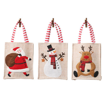 Papai Noel Homem de Neve Alce Presente de Natal Linho listrado Tote de perna pendurada com logotipo personalizado