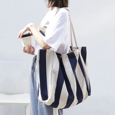 Saco de lona de algodão de cor personalizada para compras OEM/ODM aceitável Saco Tote com listras