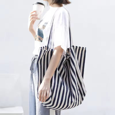 Saco de lona de algodão de cor personalizada para compras OEM/ODM aceitável Saco Tote com listras