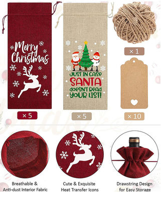 Sacos de vinho de Natal reutilizáveis de juta para garrafas de vinho Tipo de padrão de letra personalizado