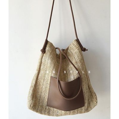Saco de palha tecido à mão Saco grande de ombro para mulheres