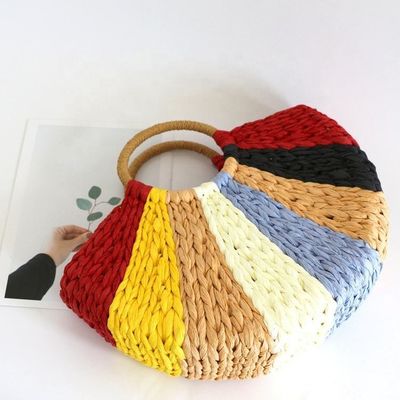 Rainbow Gift Bags Collection Eco Handmade Rattan Woven Straw Tote Bag com fecho aberto