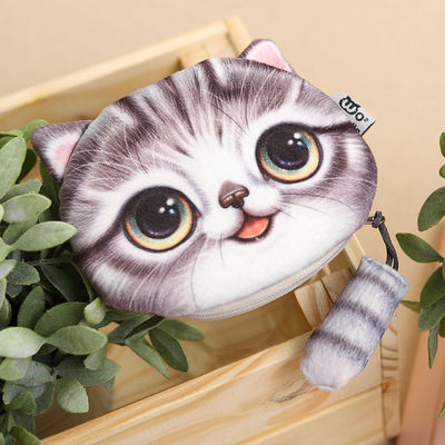 Saco de maquiagem de pelúcia personalizado com bolsa de moedas 3D de gato e fecho de cauda de impressão animal