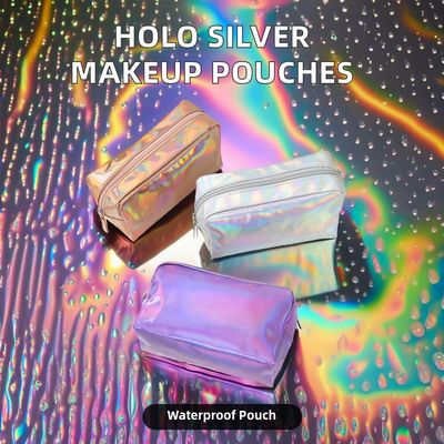 PU Saco Cosmético Logotipo personalizado Holográfico Prata Roxa Impermeável Zipper Saco Rosa Ouro Maquiagem Saco Moda