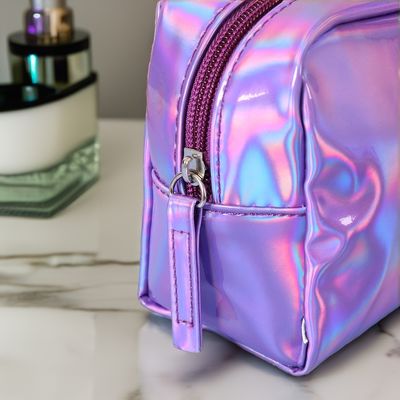 PU Saco Cosmético Logotipo personalizado Holográfico Prata Roxa Impermeável Zipper Saco Rosa Ouro Maquiagem Saco Moda