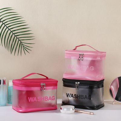 Saco de maquiagem de PVC transparente com logotipo personalizado para artigos de higiene e organização cosmética de viagem