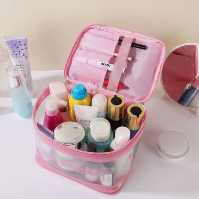 Saco de maquiagem de PVC transparente com logotipo personalizado para artigos de higiene e organização cosmética de viagem