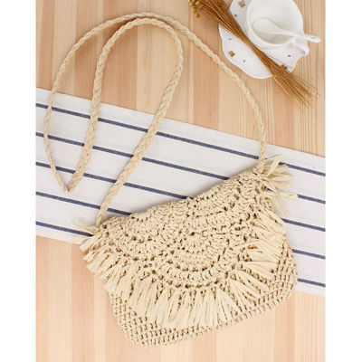 Saco de praia Tassel feito à mão Raffia Rattan Crossbody para férias de viagem de verão das mulheres