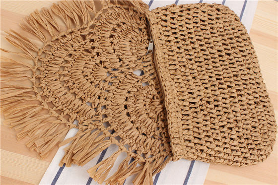 Saco de praia Tassel feito à mão Raffia Rattan Crossbody para férias de viagem de verão das mulheres