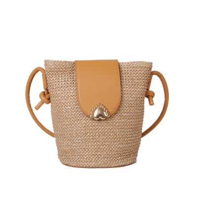 Designer de estilo de verão de madeira redonda de palha tecida saco de balde de praia para bolsa de mão feminina