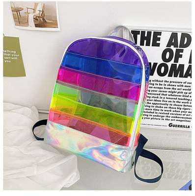 Mochila de PVC transparente elegante de mulheres com barras de geléia de costura Holograma de arco-íris diário