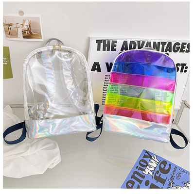 Mochila de PVC transparente elegante de mulheres com barras de geléia de costura Holograma de arco-íris diário