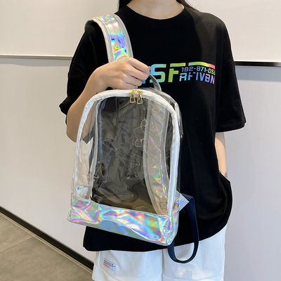 Mochila de PVC transparente elegante de mulheres com barras de geléia de costura Holograma de arco-íris diário