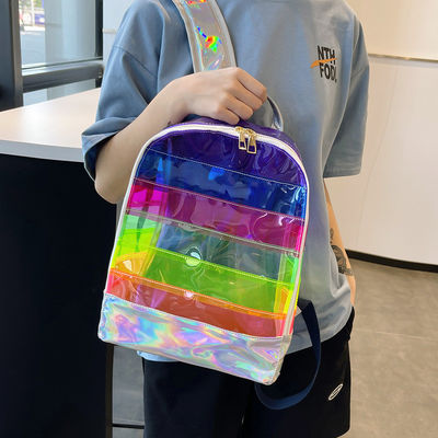 Mochila de PVC transparente elegante de mulheres com barras de geléia de costura Holograma de arco-íris diário