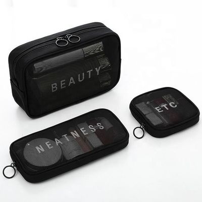 Padrão sólido Tipo de malha de nylon maquiagem de higiene Saco cosmético conjunto com logotipo de letras personalizadas