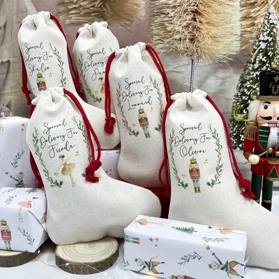 Sublimação Blanks Santa Sack meias de Natal Saco de cordas de tração com revestimento de poliéster