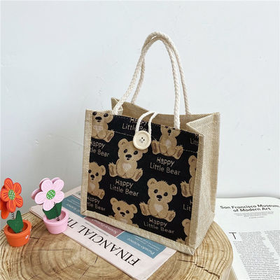 Personalizado Urso de desenhos animados Impresso de algodão simples de lona Mercadorias de compras Jute Tote Bag