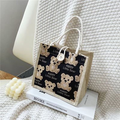 Personalizado Urso de desenhos animados Impresso de algodão simples de lona Mercadorias de compras Jute Tote Bag