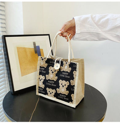 Personalizado Urso de desenhos animados Impresso de algodão simples de lona Mercadorias de compras Jute Tote Bag