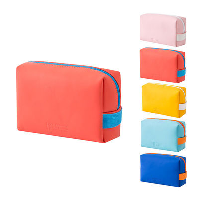 Sacos cosméticos impressos de couro feminino com cor de doce colorida e fecho de zíper
