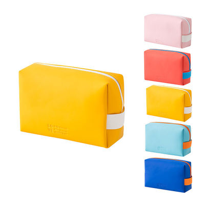 Sacos cosméticos impressos de couro feminino com cor de doce colorida e fecho de zíper