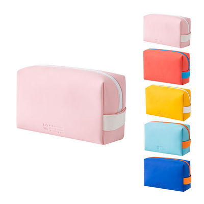 Sacos cosméticos impressos de couro feminino com cor de doce colorida e fecho de zíper