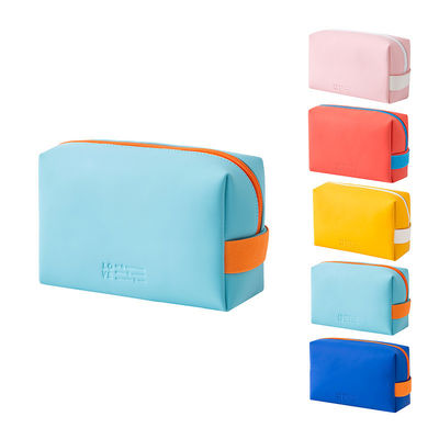 Sacos cosméticos impressos de couro feminino com cor de doce colorida e fecho de zíper