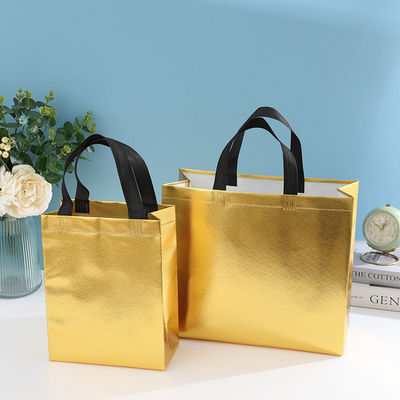 Saco de compras laminado não tecido de cor personalizada com cor dourada e comprimento do cabo