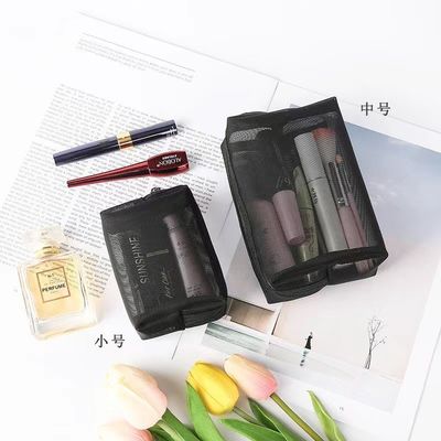 Bolsas de malha preta Bolsas de maquiagem e de viagem personalizadas duráveis com bolsa de fecho de malha