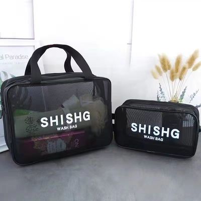 Saco de maquiagem de malha de nylon simples personalizado para higiene e armazenamento de cosméticos em cor preta