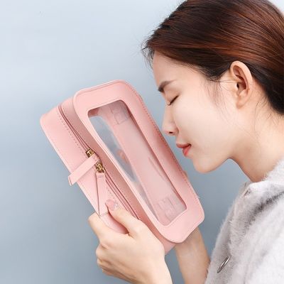Saco cosmético de couro rosa com OEM/ODM aceitável e padrão sólido