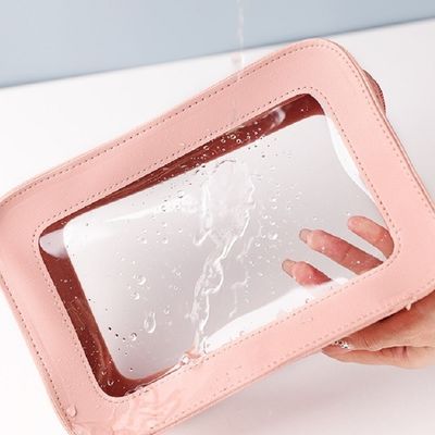 Saco cosmético de couro rosa com OEM/ODM aceitável e padrão sólido