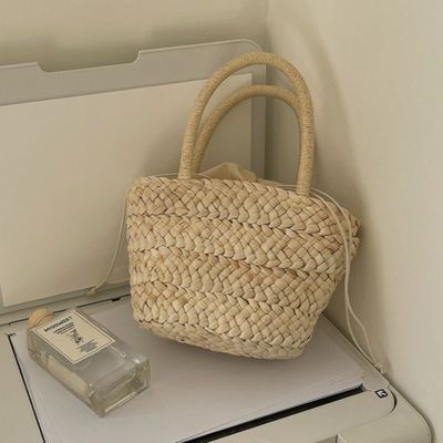 Estilo de mão moda de grande capacidade de mulheres bolsa de palha de praia de madeira tricô de crochê poliéster