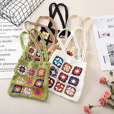 OEM/ODM Aceitável Crochet Mulheres Bolsas de ombro Granny Square Tote Bag Bolsas de mão de malha