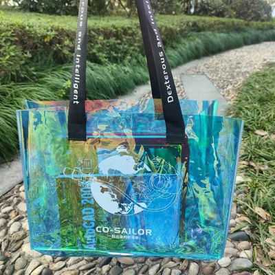 Saco de compras transparente de geléia laser iridescente de PVC com logotipo personalizado impresso