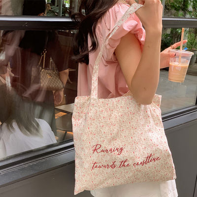 Bolsa de plástico rosa floral de praia natural de lona bolsa de ombro para mulheres