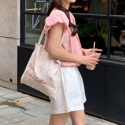 Bolsa de plástico rosa floral de praia natural de lona bolsa de ombro para mulheres