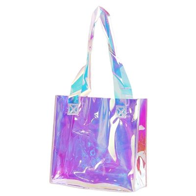 Saco laser de PVC personalizado de juta média para compras holográficas transparentes de plástico reciclado