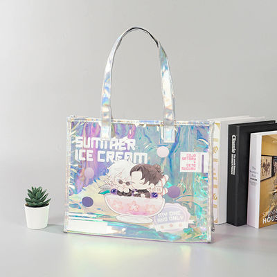 Saco laser de PVC personalizado de juta média para compras holográficas transparentes de plástico reciclado