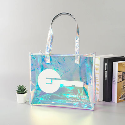 Saco laser de PVC personalizado de juta média para compras holográficas transparentes de plástico reciclado