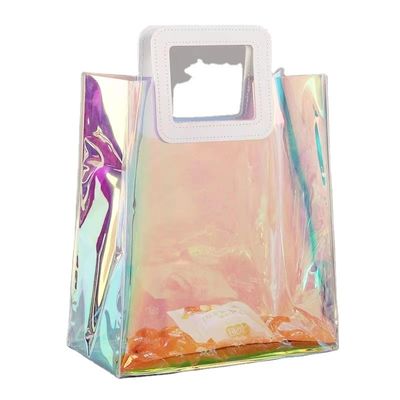 Logotipo personalizado impermeável colorido PVC laser holográfico transparente transparente saco de compras