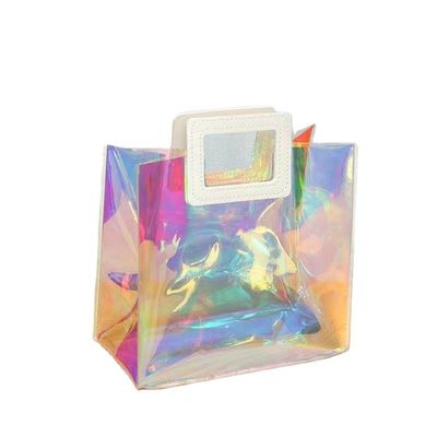 Logotipo personalizado impermeável colorido PVC laser holográfico transparente transparente saco de compras