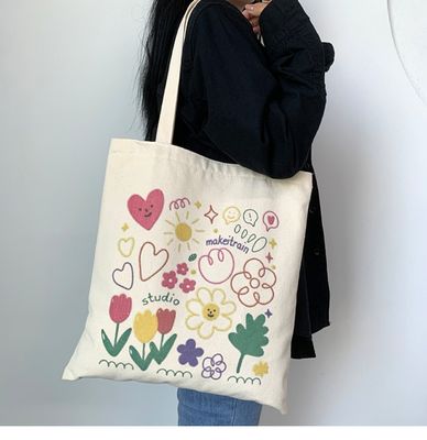 Cartoon Print Canvas Tote Bag para a Vida Escolar Diária Eco Amigável e Cor Personalizada
