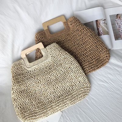 Nada Decoração Rattan Tote Bag Portátil Saco de Palha Feminino para Férias de Verão