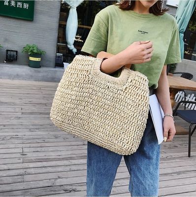 Nada Decoração Rattan Tote Bag Portátil Saco de Palha Feminino para Férias de Verão